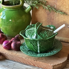 Green cabbage tureen with plate and spoon